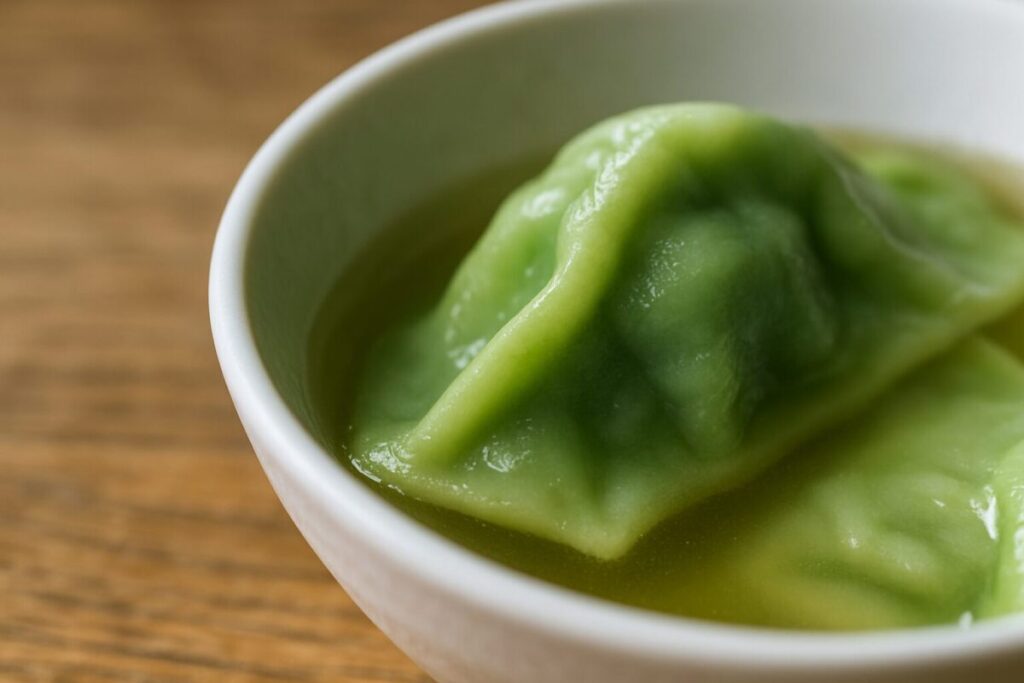 すその水ギョーザの淡い緑色の皮