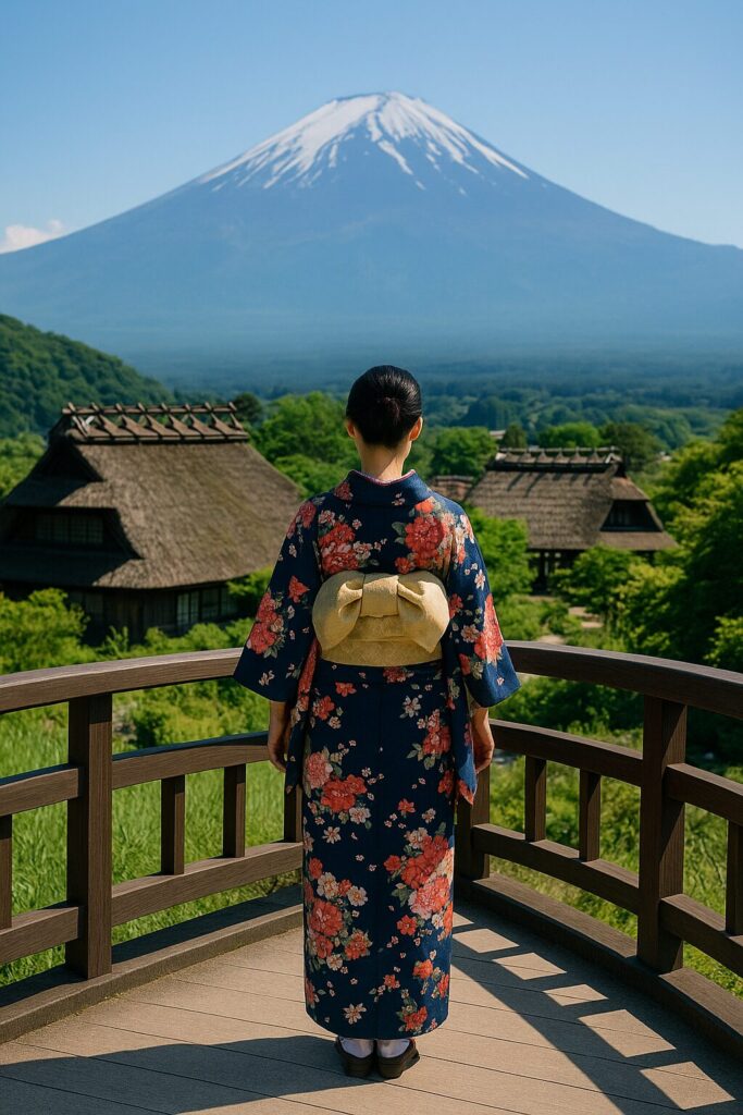 富士山と茅葺屋根を背景に撮影