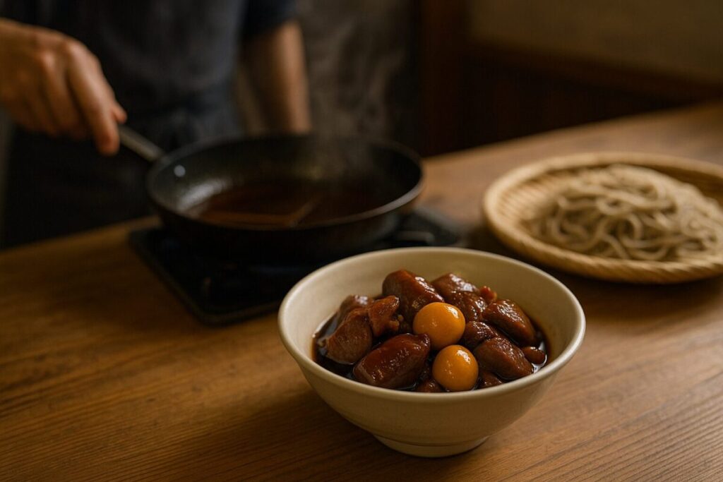 蕎麦屋の小鉢として供される鳥もつ煮