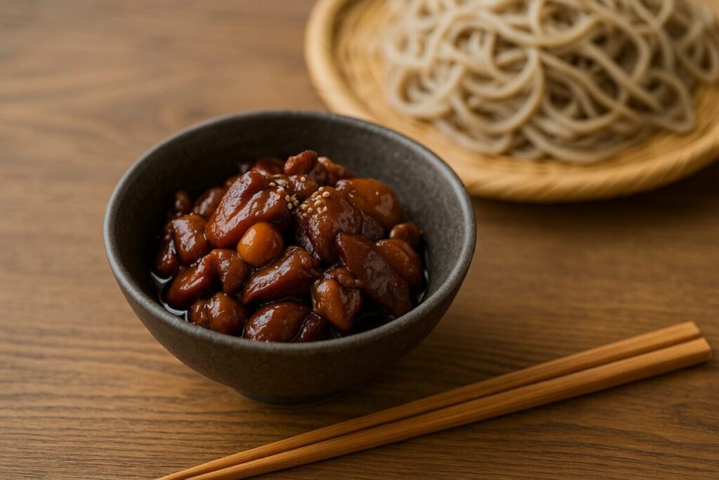 蕎麦屋の小鉢として供される鳥もつ煮