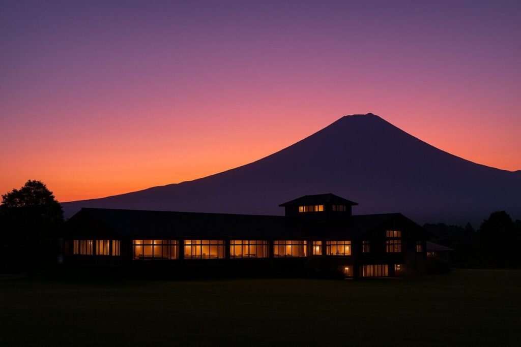 夕暮れの富士緑の休暇村と富士山