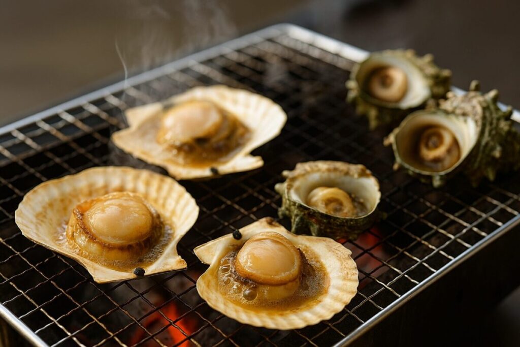 ホタテ・サザエなどを焼く