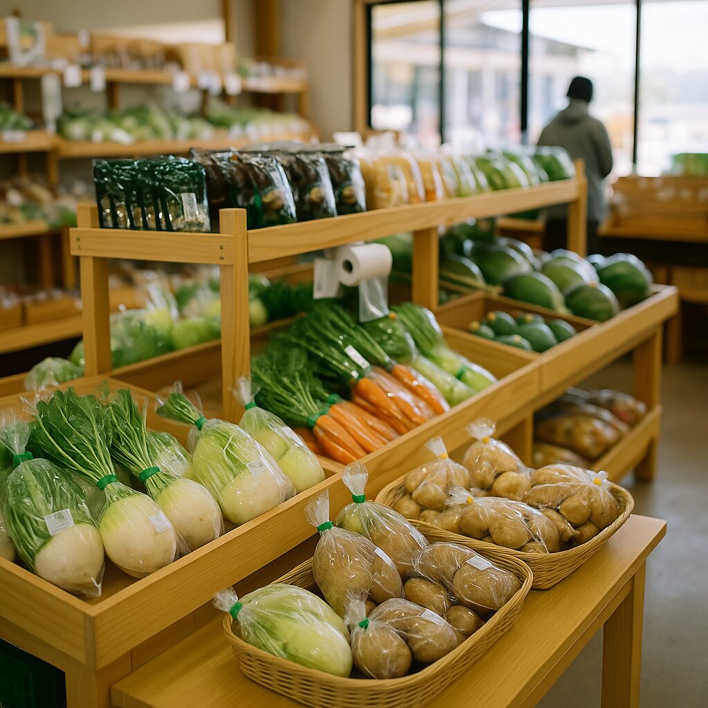 みくりやの郷の直売所に並ぶ地元野菜と特産品(イメージ画像)