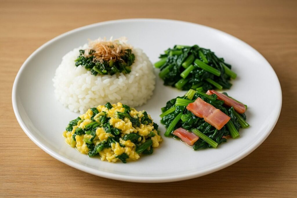 水かけ菜ごはん、卵とじ、炒め物の三種盛りプレート