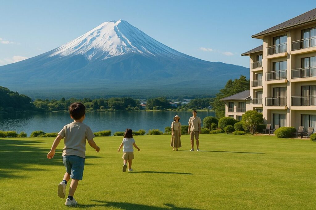 富士山を背景に家族連れが遊ぶホテルの芝生広場（イメージ画像）