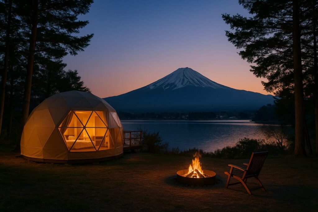 夕暮れの河口湖畔グランピング（イメージ画像）
