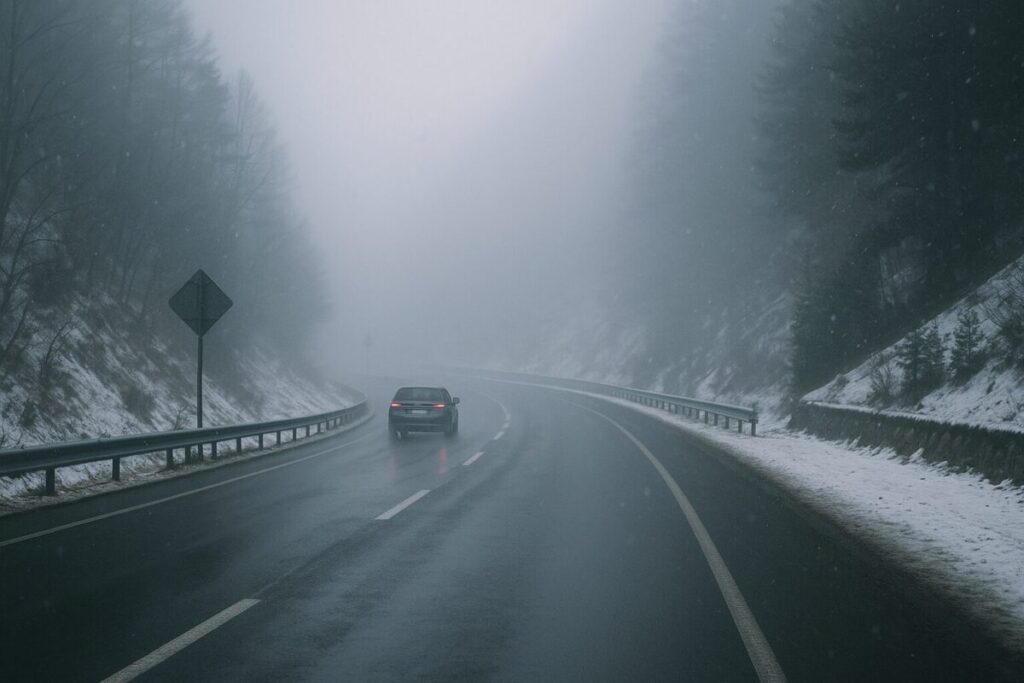 霧や小雪の舞う山岳道路(視界不良イメージ)