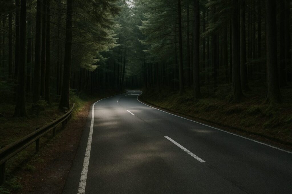 青木ヶ原樹海の薄暗い林間道路(日陰とカーブに注意)(イメージ画像)