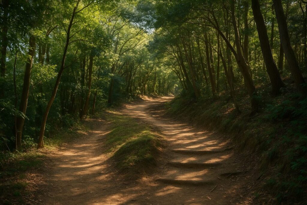 尾根道：木漏れ日と緩やかなアップダウン（イメージ画像）