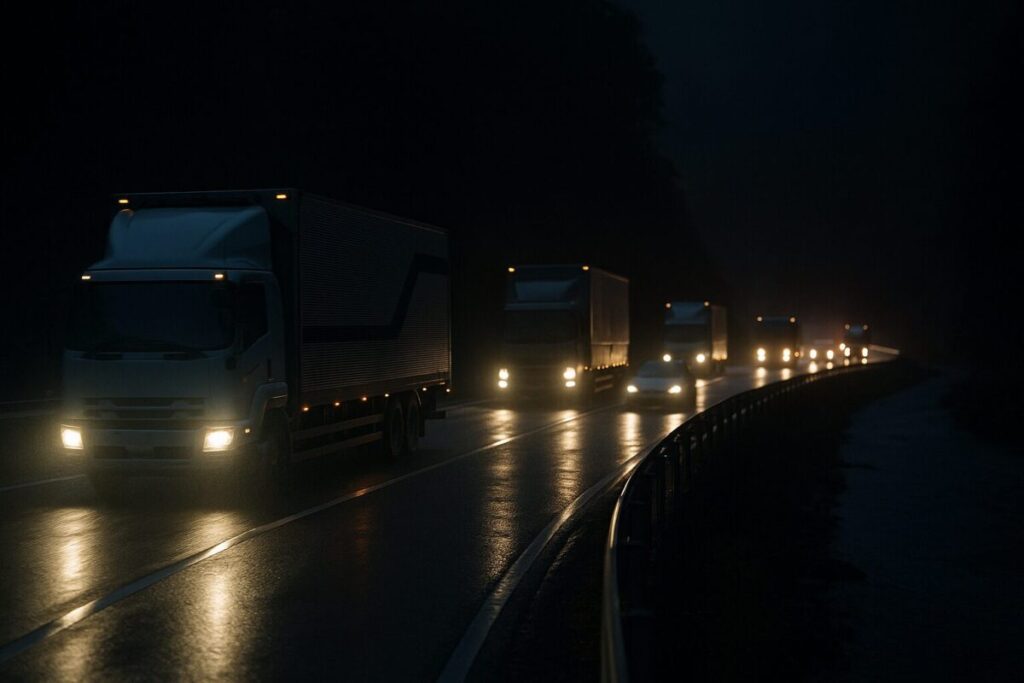 夜間の山間道路を走るトラックの列(イメージ画像)