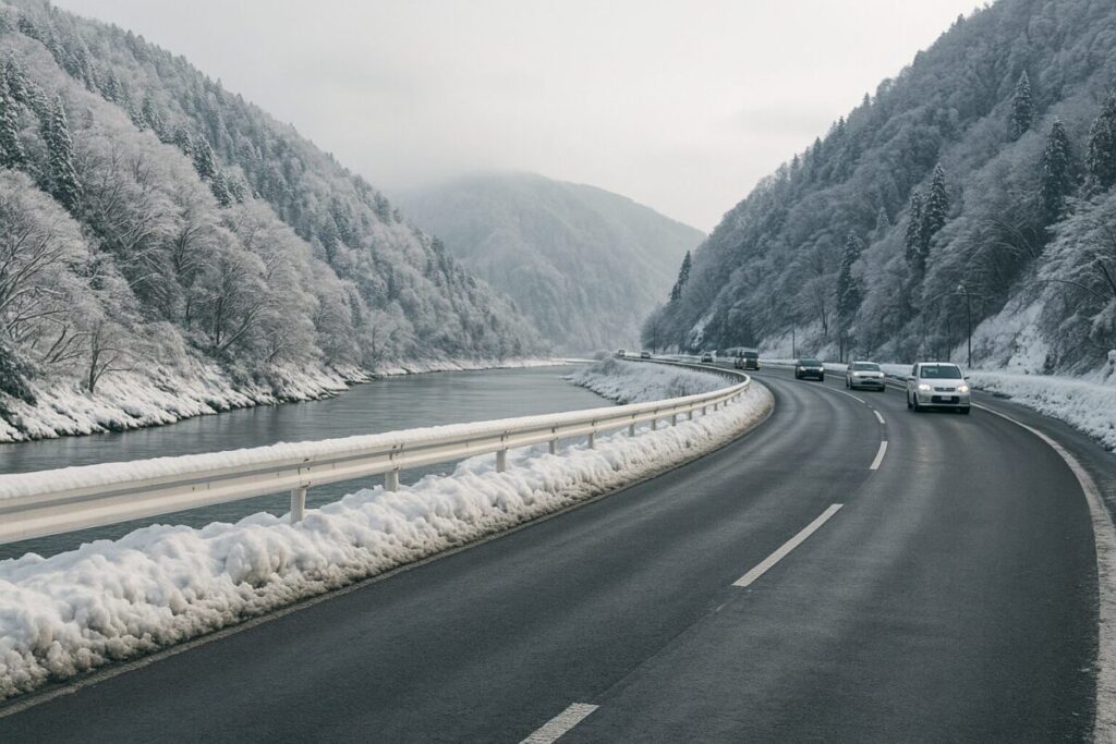 除雪済みの雪景色の川沿い道路(イメージ画像)
