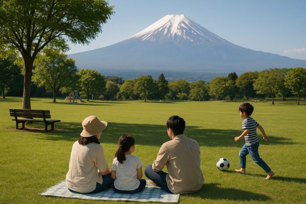 芝生広場でくつろぐ家族と富士山を望む公園（イメージ画像）