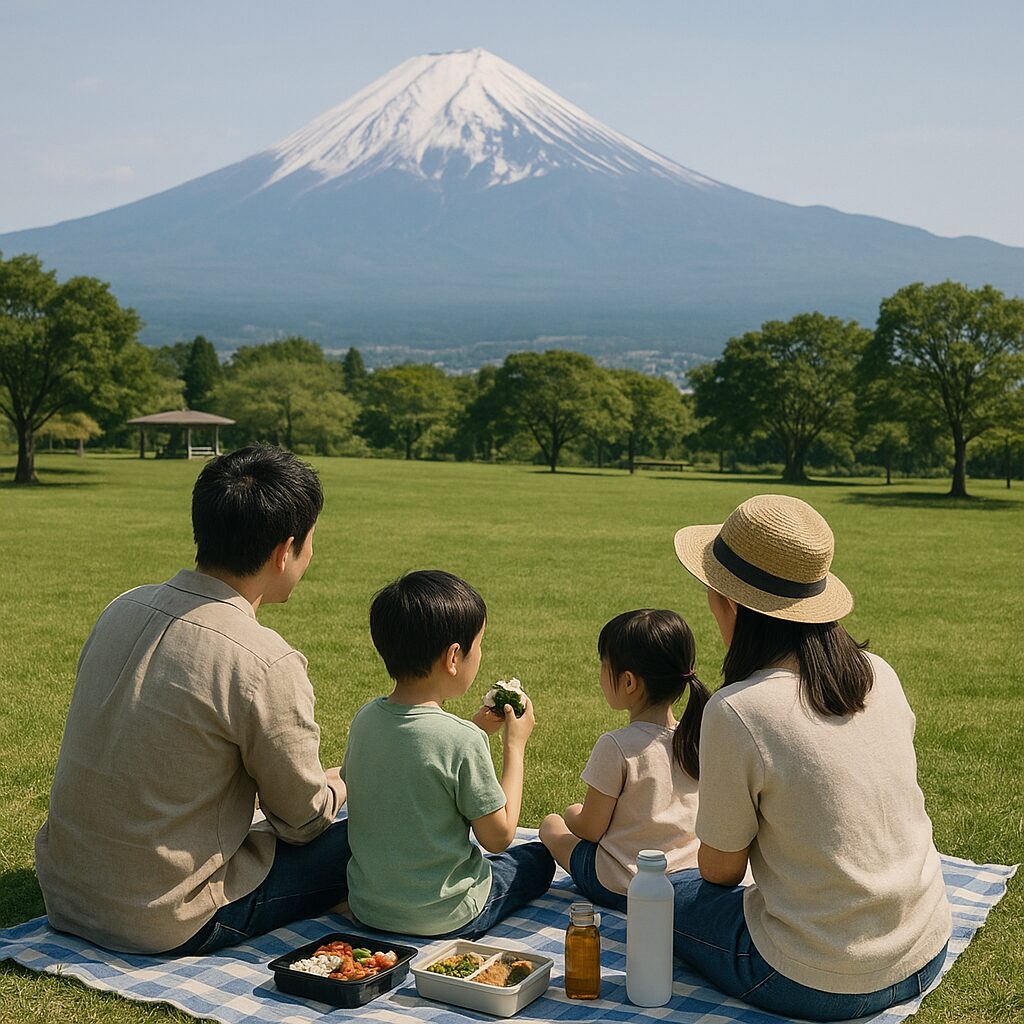 芝生広場でレジャーシートを広げてお弁当を食べる家族