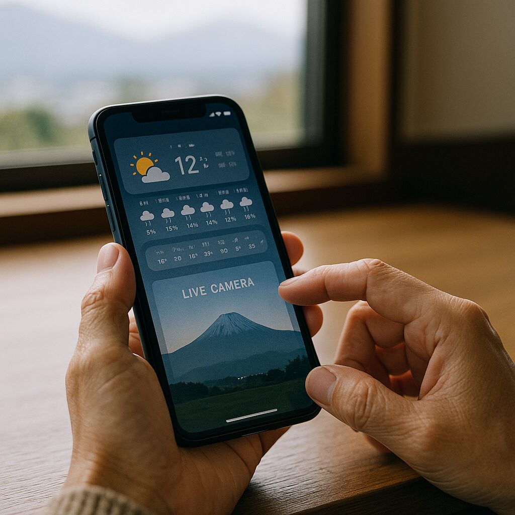 スマホで天気予報と富士山ライブカメラを確認する