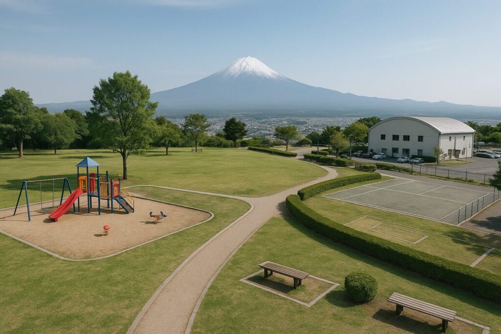 遊具広場と体育館エリアに分かれた公園のゾーニング風景