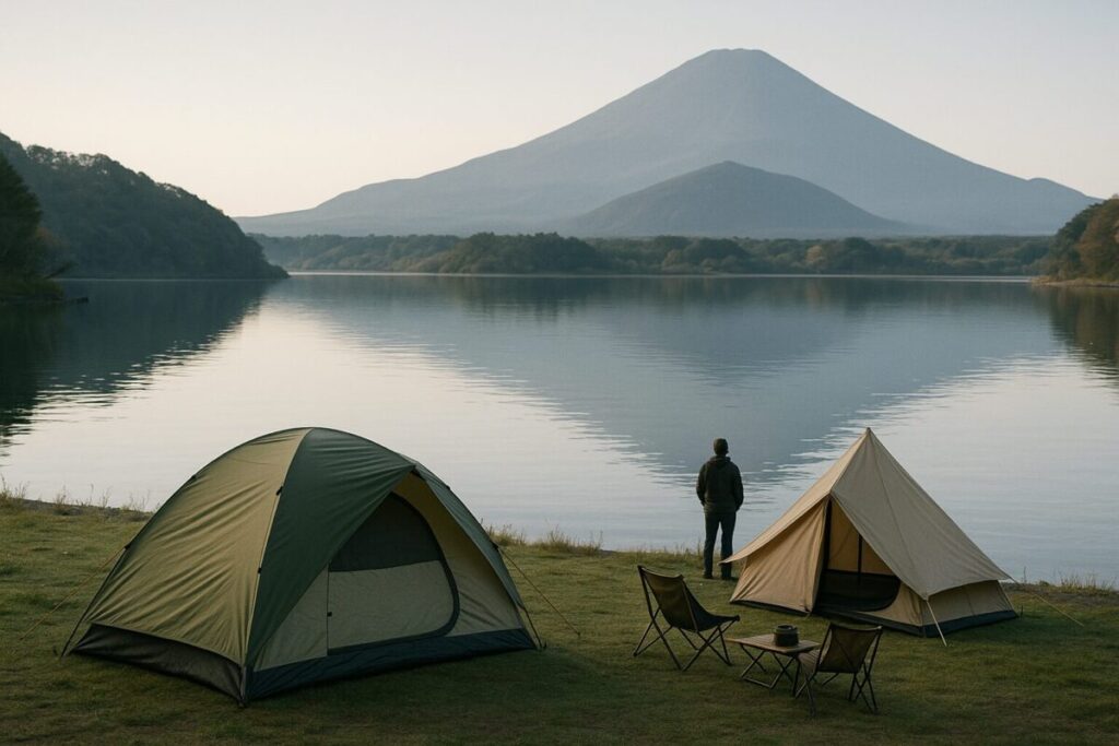 精進湖の静かな湖畔とキャンプ風景(イメージ画像)