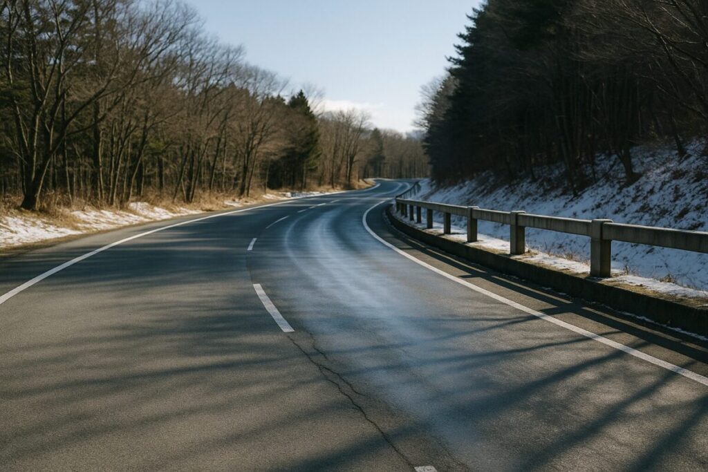 日陰のカーブに残る薄い凍結痕(ブラックアイスに注意)(イメージ画像)
